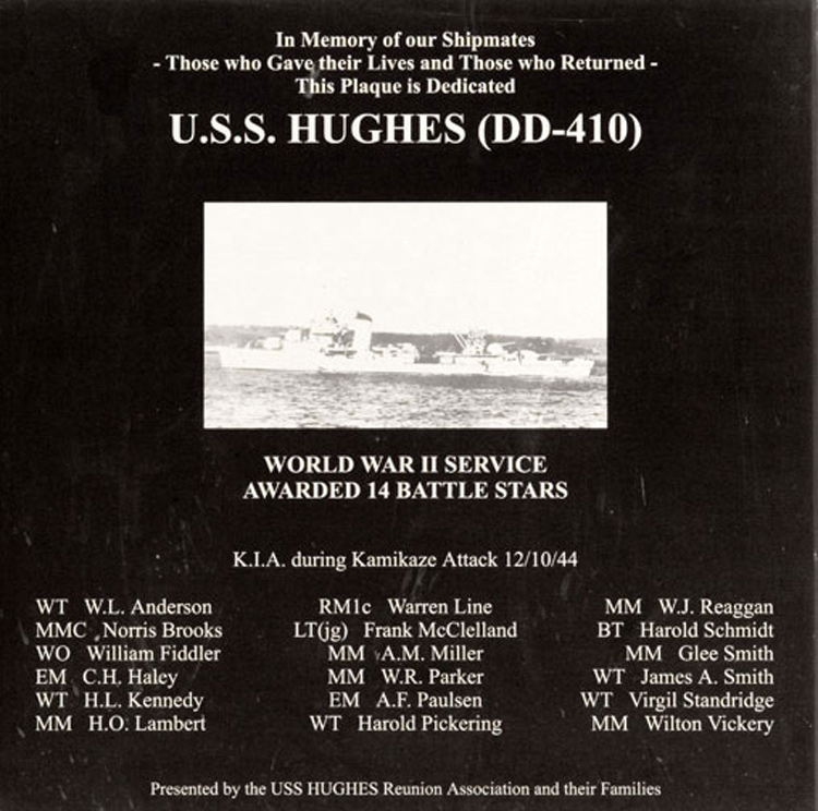 USS Hughes Memorial for the 18 men killed in the December 10th, 1944 kamikaze attack.